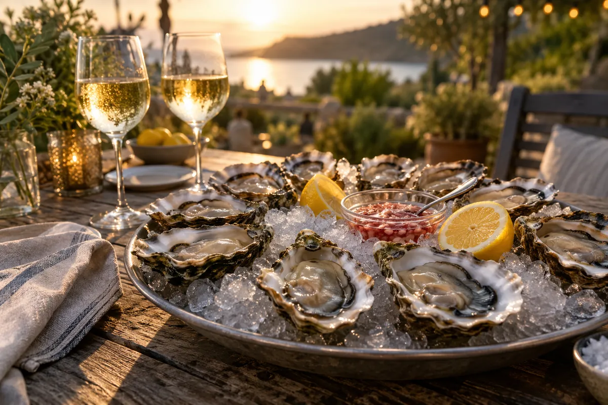 Oysters on ice with lemon and white wine on a terrace