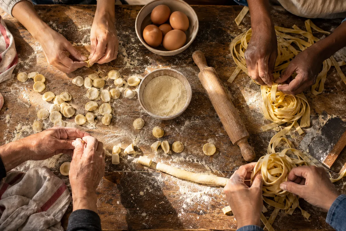 Hands shaping fresh pasta on a floured table